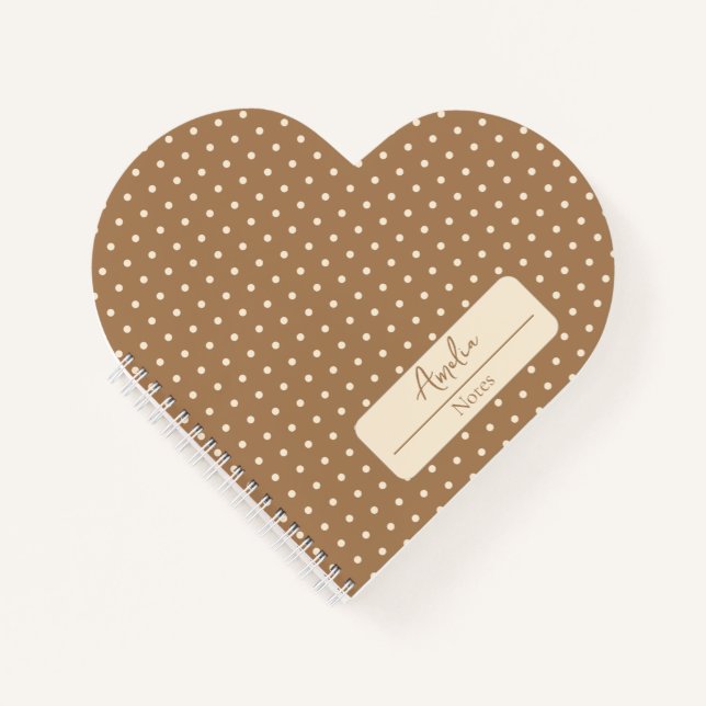 Tortilla Brown und beige Polka-Punkte Herz Notizbuch (Vorderseite)