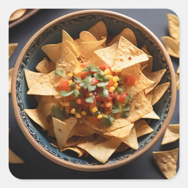 Tortilla-Chips mit Salsa in einer Schüssel Quadratischer Aufkleber (Vorderseite)