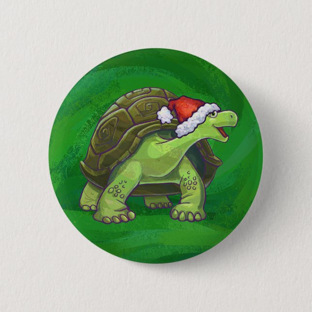Tortoise in der Weihnachtsmannmütze auf grün Button (Vorderseite)