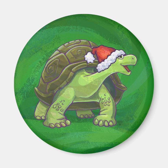 Tortoise in der Weihnachtsmannmütze auf grün Magnet (Vorne)