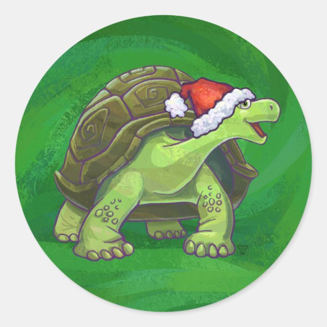 Tortoise in der Weihnachtsmannmütze auf grün Runder Aufkleber (Vorderseite)