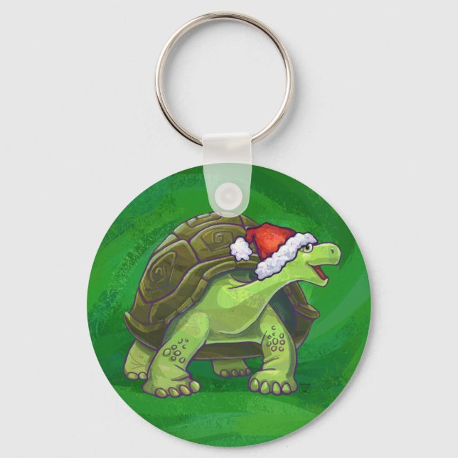 Tortoise in der Weihnachtsmannmütze auf grün Schlüsselanhänger (Vorderseite)