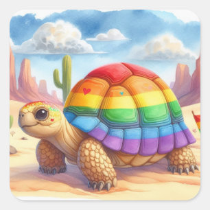 Tortoise Turtle mit Rainbow Muschel Square Aufkleb Quadratischer Aufkleber