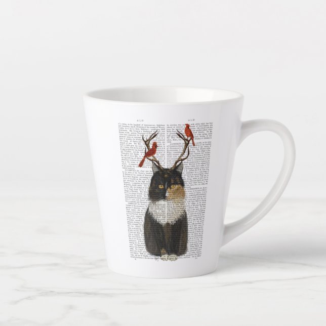Tortoiseshell Katze mit Antlern und Roten Vögeln Milchtasse (Rechts)