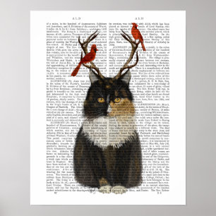 Tortoiseshell Katze mit Antlern und Roten Vögeln Poster