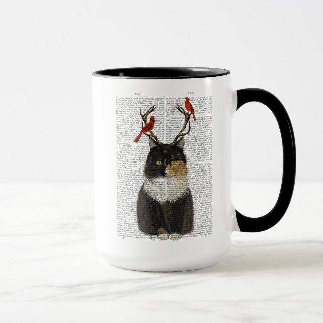Tortoiseshell Katze mit Antlern und Roten Vögeln Tasse (Rechts)