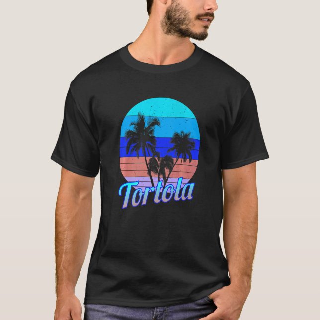 Tortola Retro Tropical Palm Trees Urlaub T-Shirt (Vorderseite)