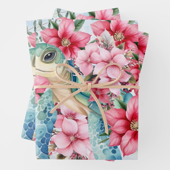 Tortue de mer et Poinsettias de Noël Papier à enve (En situation)