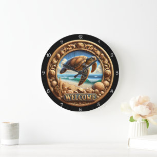 Tortue de mer Horloge d'accueil sculptée océanique