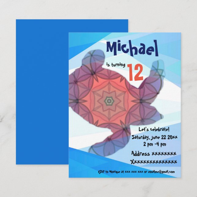 Tortue de mer, invitation à la fête d'anniversaire (Devant / Derrière)