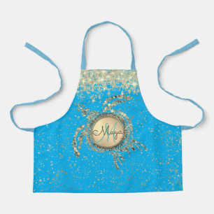 Tortue dorée sur tablier bleu