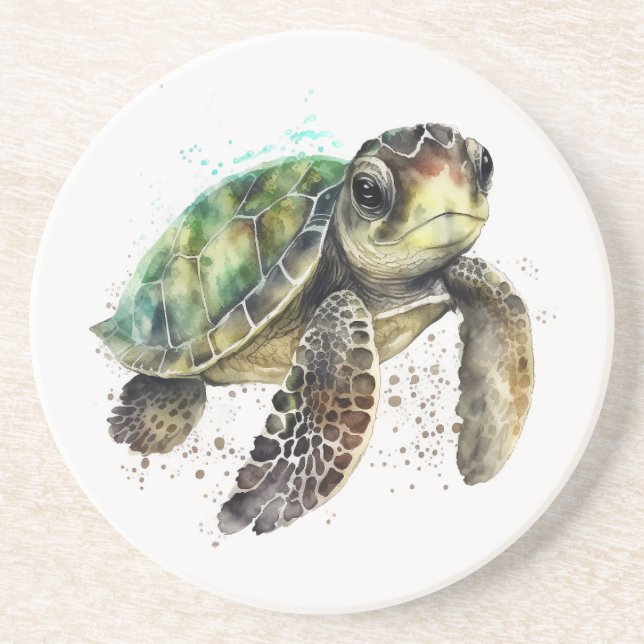 Tortue en Dessous de verre de grès aquarelle (Devant)