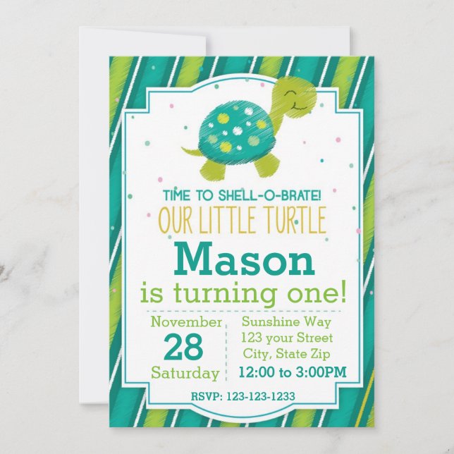 Tortue rayée Invitation d'anniversaire (vert) (Devant)