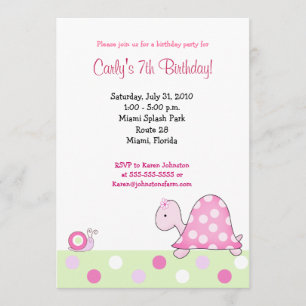 Tortue rose Lonnie 5x7 Filles Invitation d'anniver