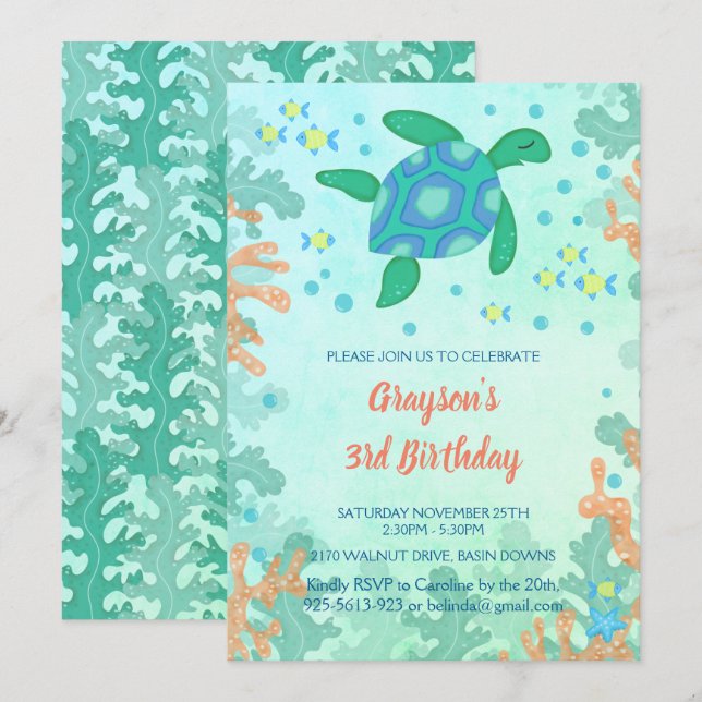 Tortue sous la mer Invitations d'anniversaire (Devant / Derrière)