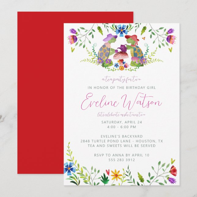 Tortue Tea Party Anniversaire Invitation (Devant / Derrière)