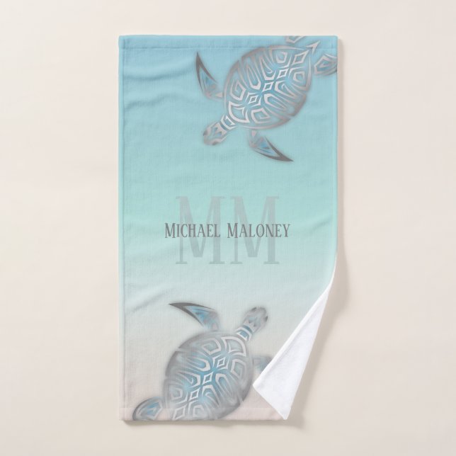 Tortues Argent Initiales Votre Nom Beige Turquoise (Serviette à main)