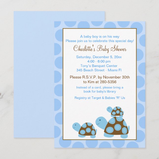 Tortues bleues (Dot) Boy Baby shower Invitation (Devant / Derrière)