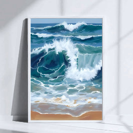 Tosende Ozeanwellen | Küstenblaue Wasserfarbe Poster