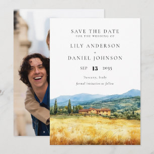 Toskana Italien Rustikale Wasserfarben-Foto-Hochze Save The Date