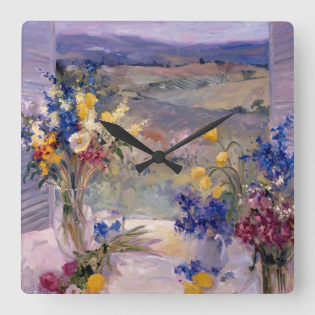 Toskana mit Blumen Quadratische Wanduhr (Vorderseite)