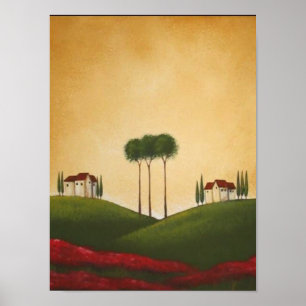 Toskanische Landhäuser und Mohnblumen-Druck Poster