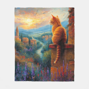 Toskanischer Sonnenuntergang mit einer Ingwerkatze Fleecedecke