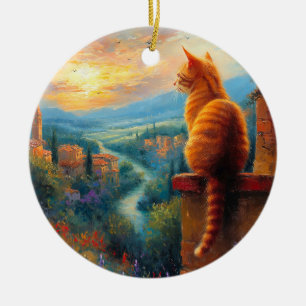Toskanischer Sonnenuntergang mit einer Ingwerkatze Keramik Ornament