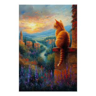 Toskanischer Sonnenuntergang mit einer Ingwerkatze Poster