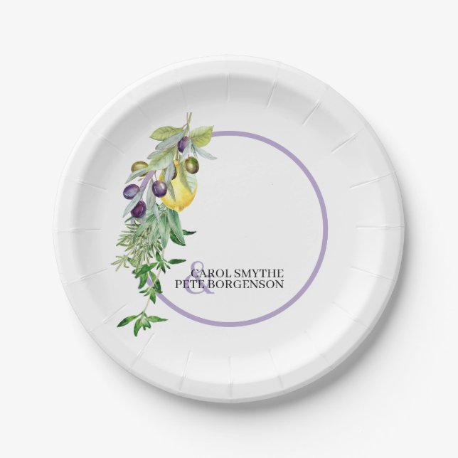 Toskanisches Lemon Olive KräuterBrautparty Pappteller (Vorderseite)