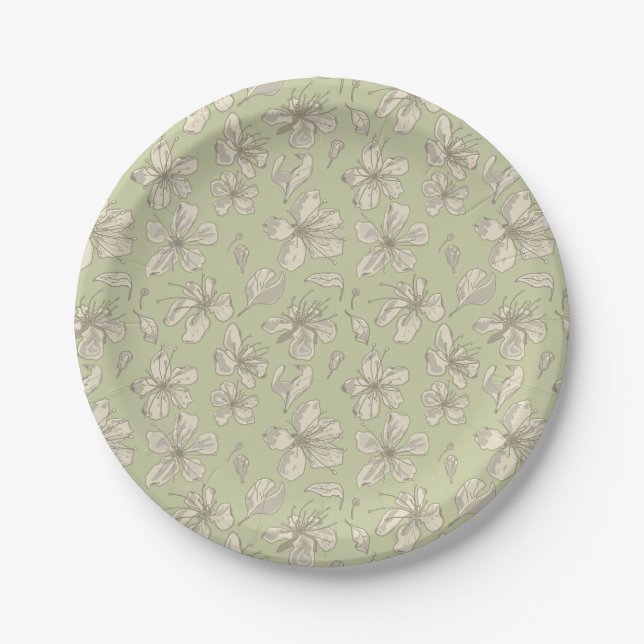 Tossed Blüten auf Olive Green - nahtloses Muster. Pappteller (Vorderseite)