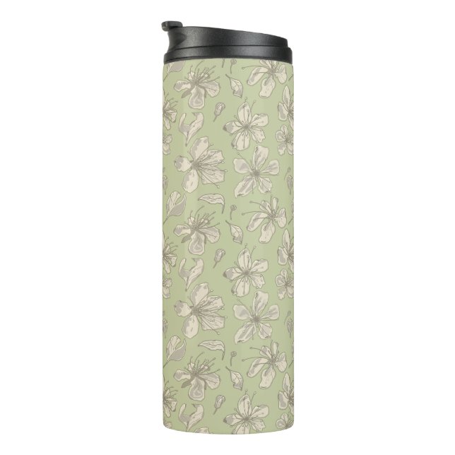 Tossed Blüten auf Olive Green - nahtloses Muster. Thermosbecher (Nach rechts gedreht)