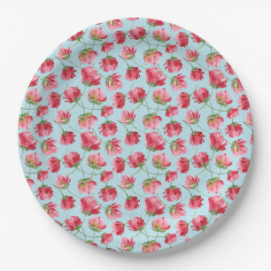 Tossed Crimson Red Watercolor Florals Polka Dots Pappteller