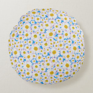 Tossed Ditzy White Daisis auf Sky Blue Rundes Kissen