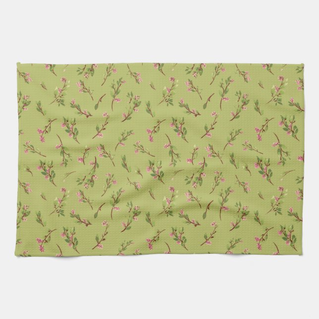 Tossed Floral Wildblumen auf Chartreuse Green Geschirrtuch (Horizontal)