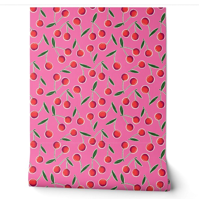 Tossed Retro Berry Kirries auf Hot Pink - Küche Tapete (Abrollen)