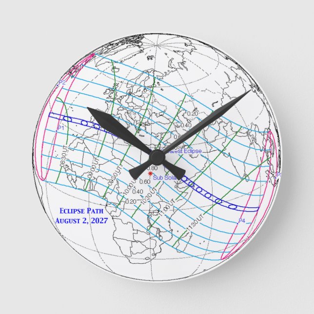 Total Solar Eclipse 2027 Map Runde Wanduhr (Vorderseite)