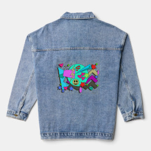 Total wilde Cartoon 90er Flashback-Comic-Muster Jeansjacke
