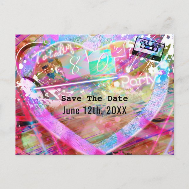 Totally 80er Jahre Helles Fun Heart Party Save the Ankündigungspostkarte (Vorderseite)