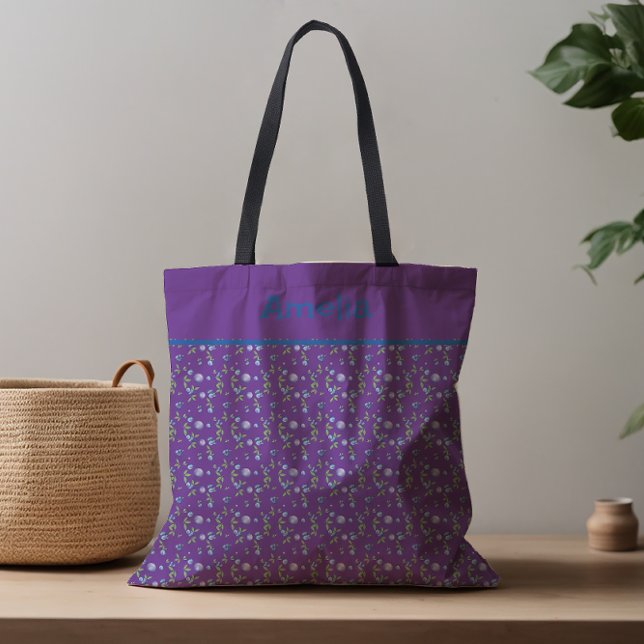 Tote Bag С ute Blueberry aquarelle motif nom pourpre (Créateur téléchargé)