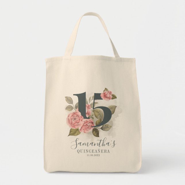 Tote Bag 15e anniversaire Quinceanera Pink Floral Greenery (Devant)