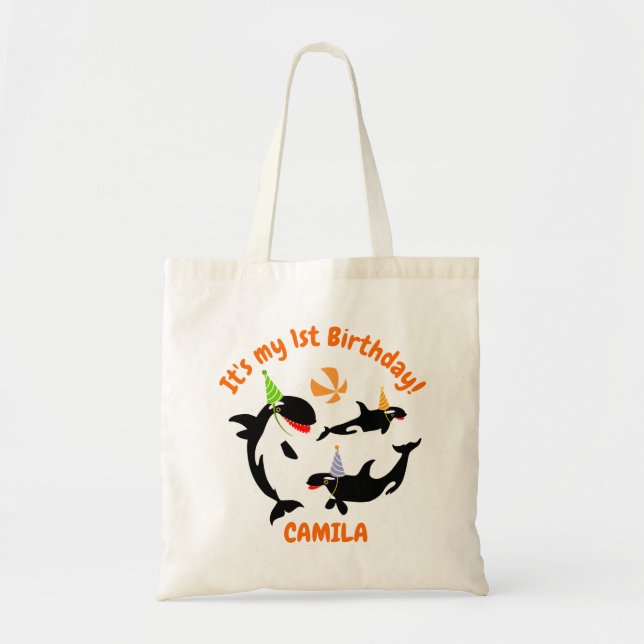Tote Bag 1er anniversaire sous la mer orca baleine fille (Devant)