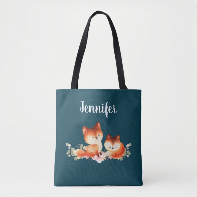 Tote Bag 2 mignons Petits Renards Rouges Aquarelle Design (Devant)
