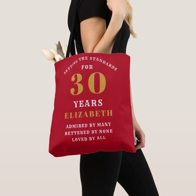 Tote Bag 30th Birthday Standards Red Gold Ajouter votre nom (De près)