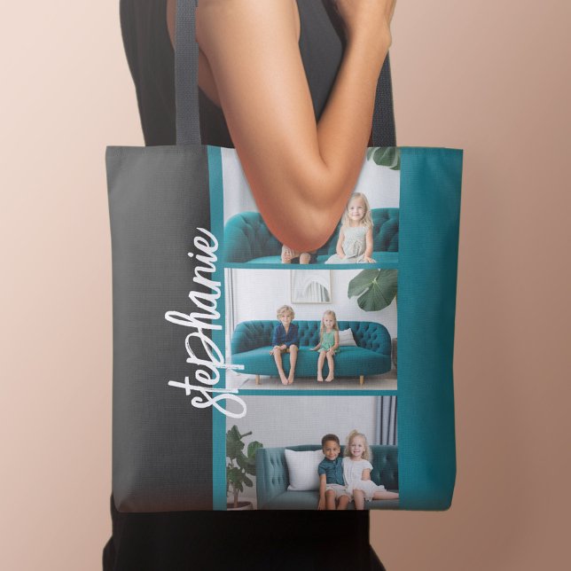 Tote Bag 3 Photos tendance noir & blanc nom de script moder (Personalized tote bag with photo and text)