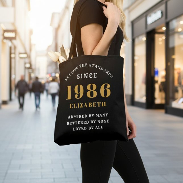 Tote Bag 40th Birthday 1986 Black Gold For Her Personalized (Born 1986 birthday tote bag. Background out of focus.)