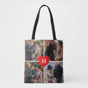Tote Bag 4 décorés d'un monogramme en forme de coeur rouges