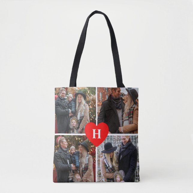Tote Bag 4 décorés d'un monogramme en forme de coeur rouges (Devant)