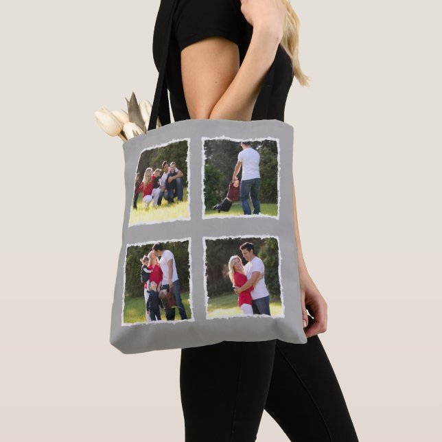 Tote Bag 4 Photo Collage Ajouter Nom de famille Gris (De près)