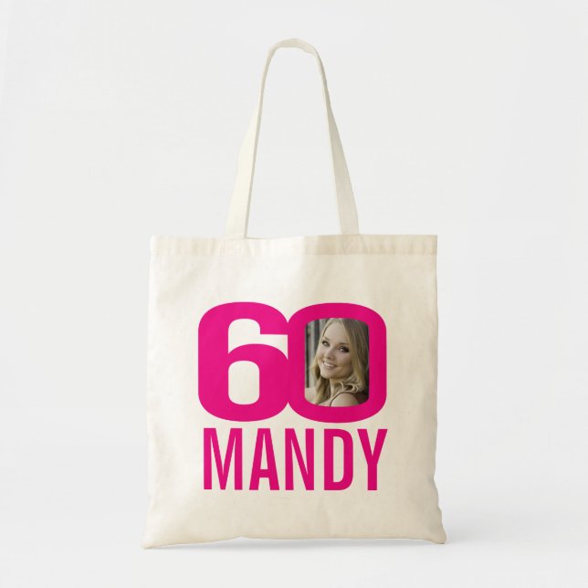 Tote Bag 60e anniversaire rose vif 60 photo personnalisée (Devant)